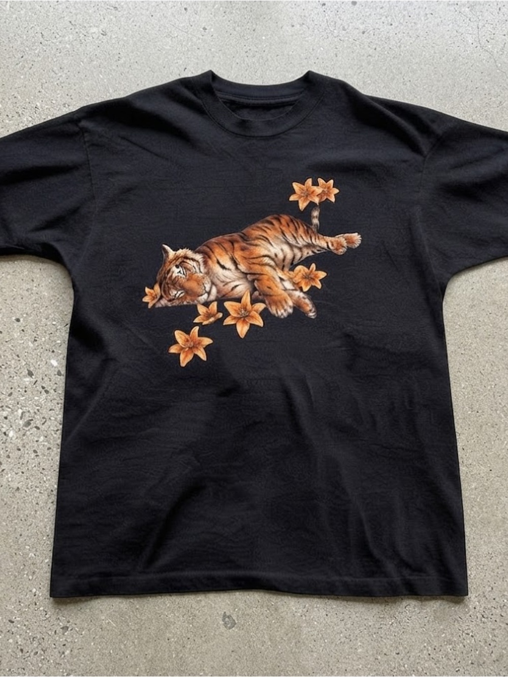 Sleeping Tiger and Lily Flowers Graphic Art Gildan Cotton T-Shirt